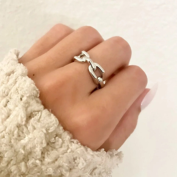 925 Sterling Silver Chain Link Ring Band Midi Ring Thumb Ring Adjustable Ring - Picture 4 of 9